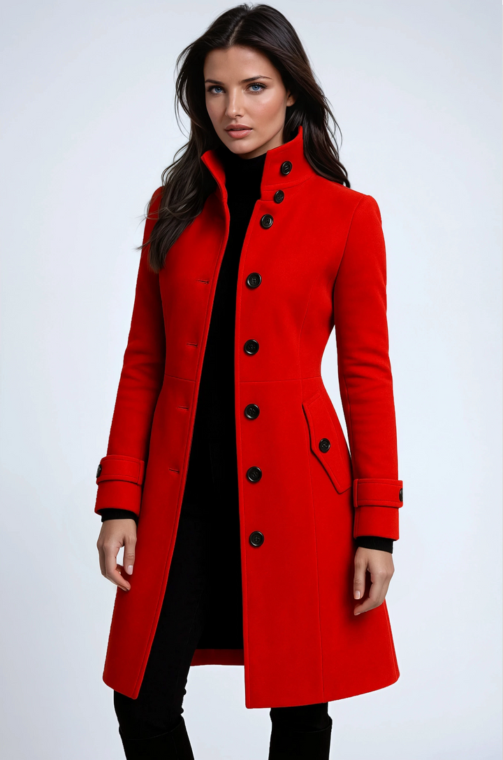 Trench winter coat with high collar